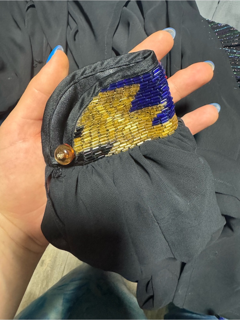Black Beaded Cuff Bracelet - Gold & Blue Accents